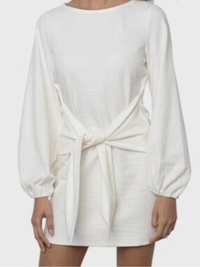 R.Vivimos White Ribbed Long Sleeve Tie-Waist Blouse | Women's Size M (8/10)